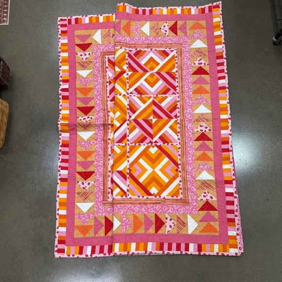 Handmade Other - Y2K Style Handmade Twin Quilt Pink Orange Red Flying Geese Hearts 60x96